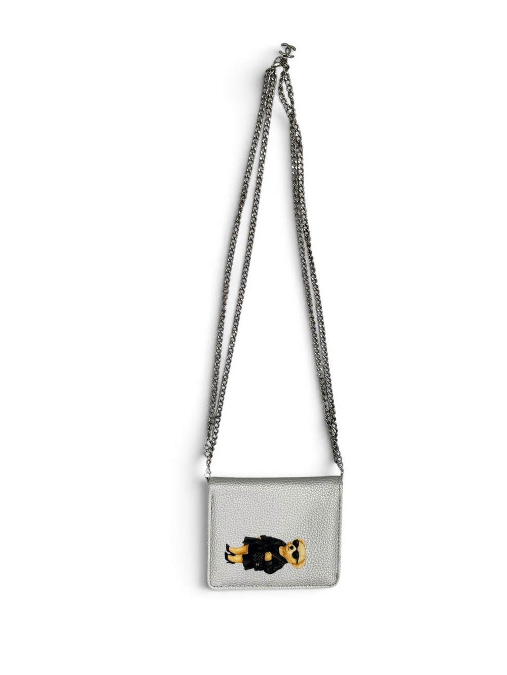 Silver Crossbody Wallet on chain with Teddy Bear Print and Upcycled Chanel chain
